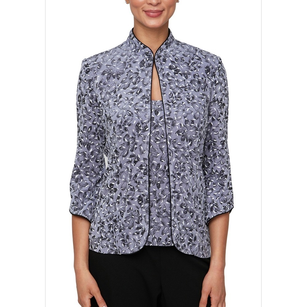 Alex Evenings Blue Floral‎ Glitter 2 Piece Jacket Tank Top Set Women's Size S